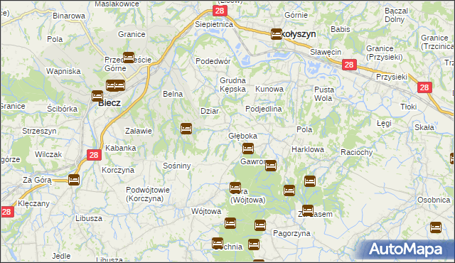 mapa Głęboka gmina Biecz, Głęboka gmina Biecz na mapie Targeo