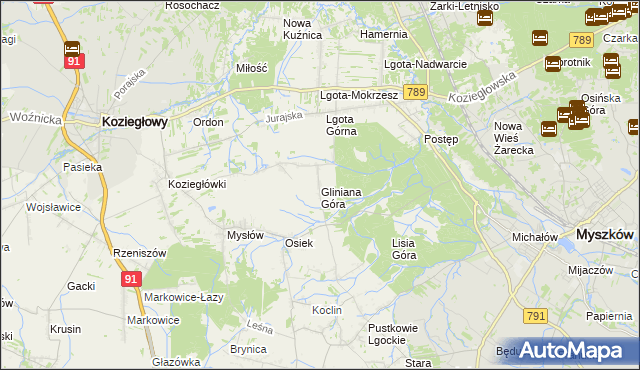 mapa Gliniana Góra gmina Koziegłowy, Gliniana Góra gmina Koziegłowy na mapie Targeo