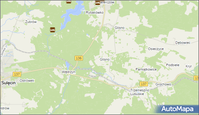 mapa Glisno gmina Sulęcin, Glisno gmina Sulęcin na mapie Targeo