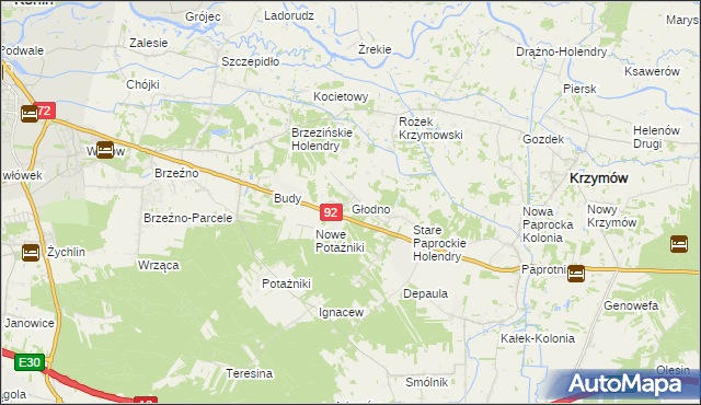 mapa Głodno gmina Krzymów, Głodno gmina Krzymów na mapie Targeo