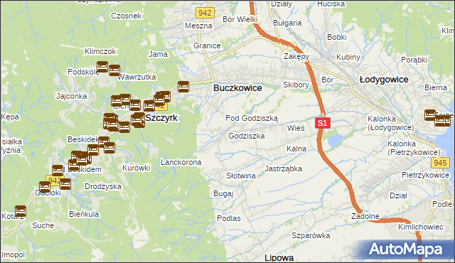 mapa Godziszka gmina Buczkowice, Godziszka gmina Buczkowice na mapie Targeo