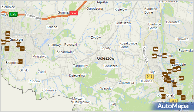 mapa Goleszów powiat cieszyński, Goleszów powiat cieszyński na mapie Targeo