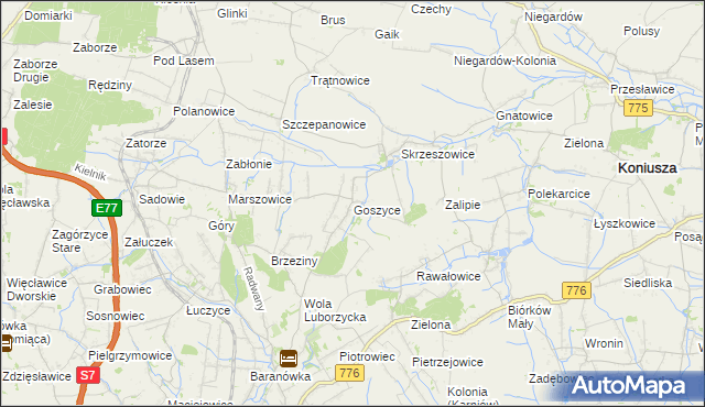 mapa Goszyce gmina Kocmyrzów-Luborzyca, Goszyce gmina Kocmyrzów-Luborzyca na mapie Targeo