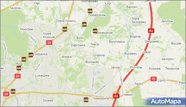 mapa Grabina gmina Nowosolna, Grabina gmina Nowosolna na mapie Targeo