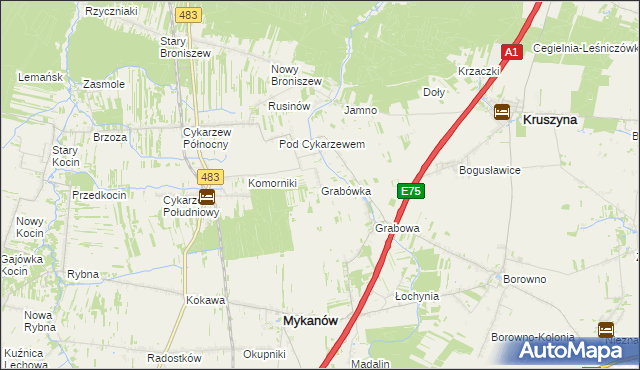 mapa Grabówka gmina Mykanów, Grabówka gmina Mykanów na mapie Targeo