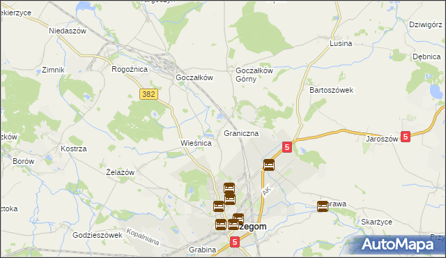 mapa Graniczna gmina Strzegom, Graniczna gmina Strzegom na mapie Targeo