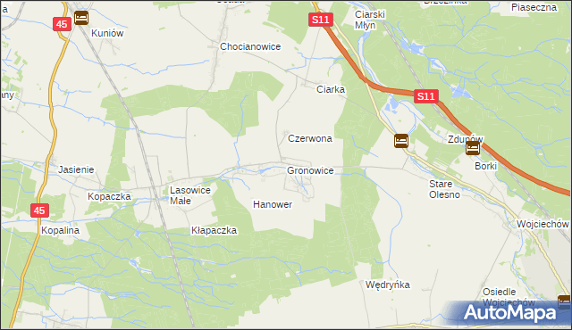 mapa Gronowice gmina Lasowice Wielkie, Gronowice gmina Lasowice Wielkie na mapie Targeo