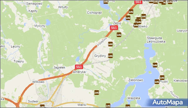 mapa Gryźliny gmina Stawiguda, Gryźliny gmina Stawiguda na mapie Targeo