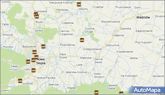 mapa Grzegorzowice gmina Waśniów, Grzegorzowice gmina Waśniów na mapie Targeo