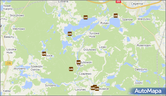 mapa Grzybowo gmina Kościerzyna, Grzybowo gmina Kościerzyna na mapie Targeo