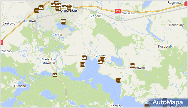 mapa Gudowo gmina Drawsko Pomorskie, Gudowo gmina Drawsko Pomorskie na mapie Targeo