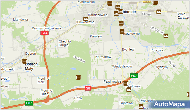 mapa Hermanów gmina Pabianice, Hermanów gmina Pabianice na mapie Targeo