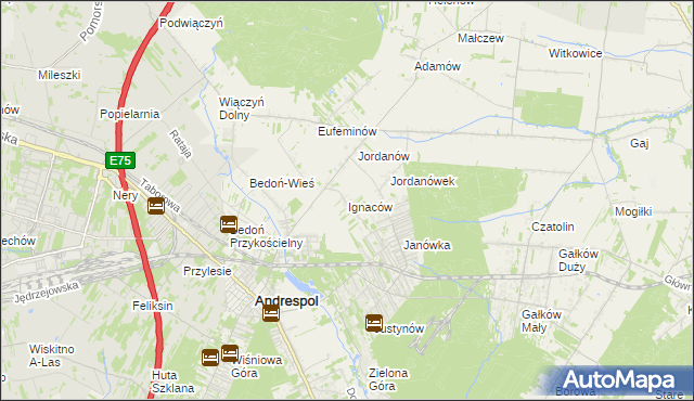 mapa Ignaców gmina Brzeziny, Ignaców gmina Brzeziny na mapie Targeo