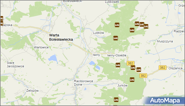 mapa Iwiny gmina Warta Bolesławiecka, Iwiny gmina Warta Bolesławiecka na mapie Targeo