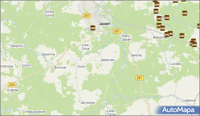 mapa Jabłoniec gmina Jasień, Jabłoniec gmina Jasień na mapie Targeo