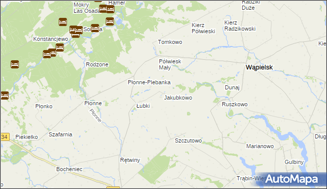 mapa Jakubkowo gmina Radomin, Jakubkowo gmina Radomin na mapie Targeo