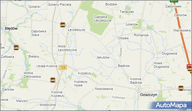 mapa Jakubów gmina Goszczyn, Jakubów gmina Goszczyn na mapie Targeo