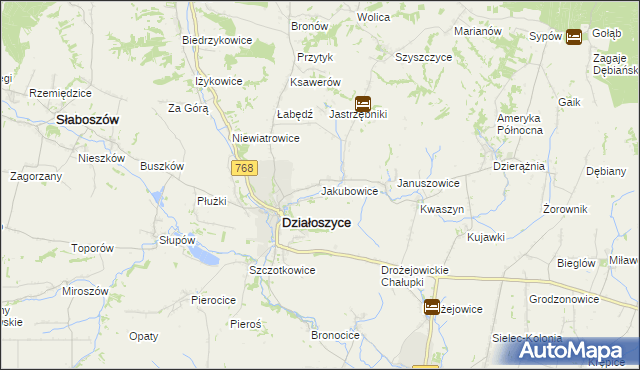 mapa Jakubowice gmina Działoszyce, Jakubowice gmina Działoszyce na mapie Targeo