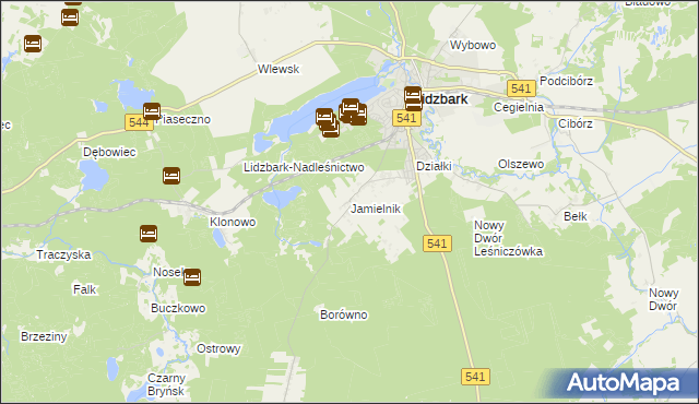 mapa Jamielnik gmina Lidzbark, Jamielnik gmina Lidzbark na mapie Targeo