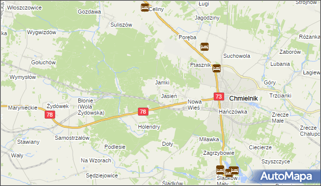 mapa Jasień gmina Chmielnik, Jasień gmina Chmielnik na mapie Targeo
