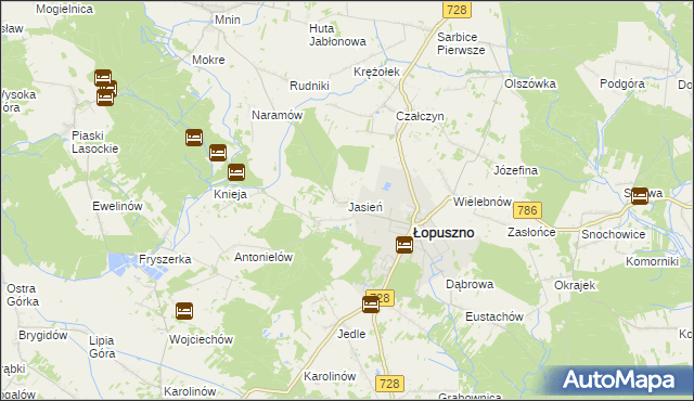 mapa Jasień gmina Łopuszno, Jasień gmina Łopuszno na mapie Targeo