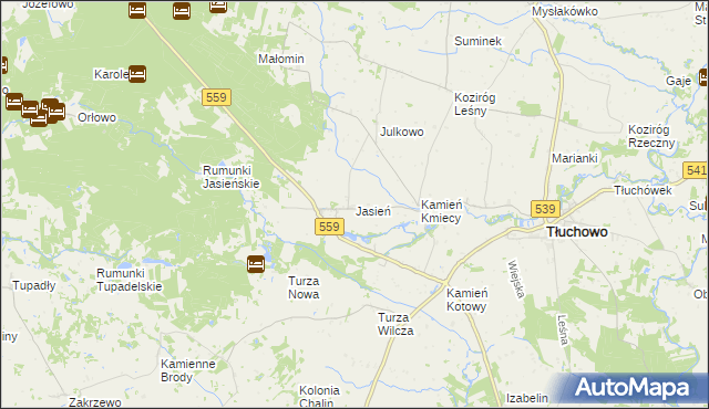 mapa Jasień gmina Tłuchowo, Jasień gmina Tłuchowo na mapie Targeo