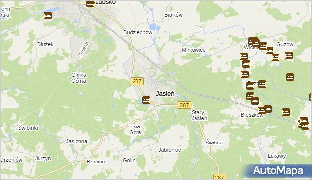 mapa Jasień powiat żarski, Jasień powiat żarski na mapie Targeo