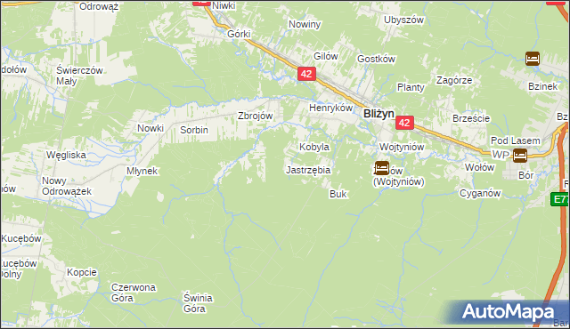 mapa Jastrzębia gmina Bliżyn, Jastrzębia gmina Bliżyn na mapie Targeo