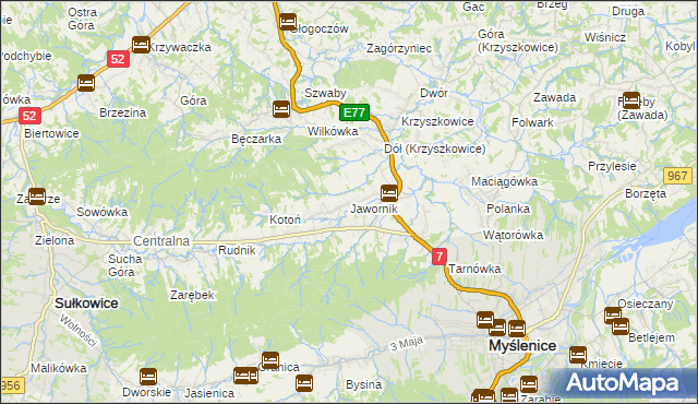 mapa Jawornik gmina Myślenice, Jawornik gmina Myślenice na mapie Targeo