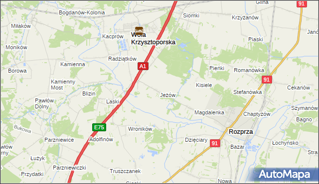 mapa Jeżów gmina Wola Krzysztoporska, Jeżów gmina Wola Krzysztoporska na mapie Targeo