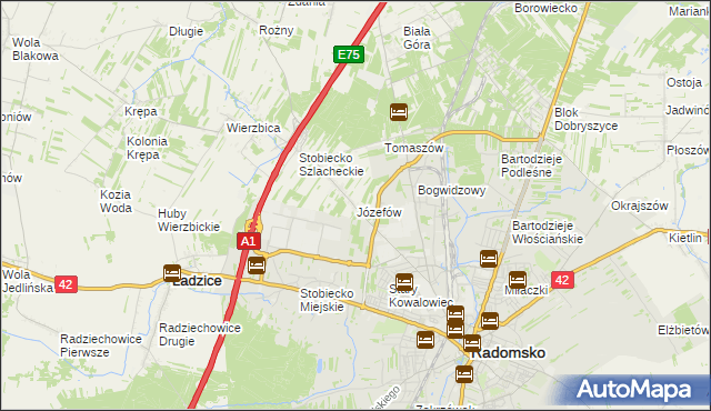 mapa Józefów gmina Ładzice, Józefów gmina Ładzice na mapie Targeo