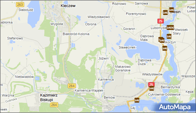 mapa Jóźwin gmina Kazimierz Biskupi, Jóźwin gmina Kazimierz Biskupi na mapie Targeo
