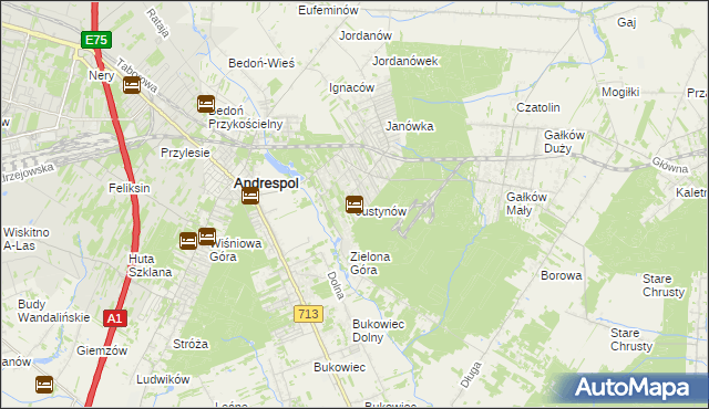 mapa Justynów gmina Andrespol, Justynów gmina Andrespol na mapie Targeo