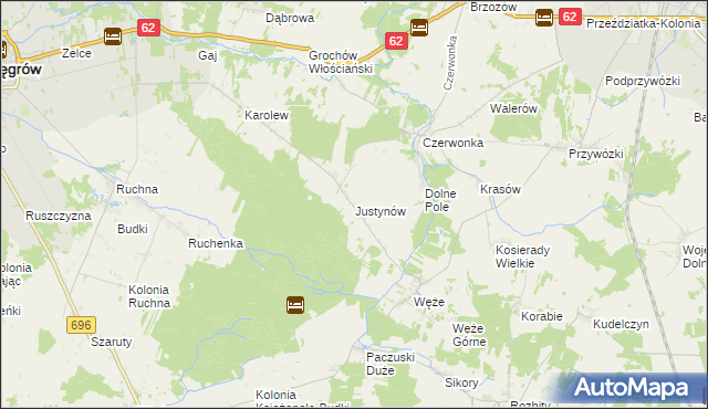 mapa Justynów gmina Sokołów Podlaski, Justynów gmina Sokołów Podlaski na mapie Targeo