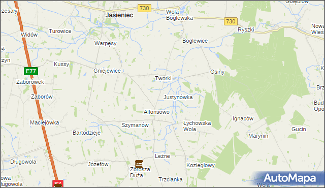 mapa Justynówka gmina Jasieniec, Justynówka gmina Jasieniec na mapie Targeo