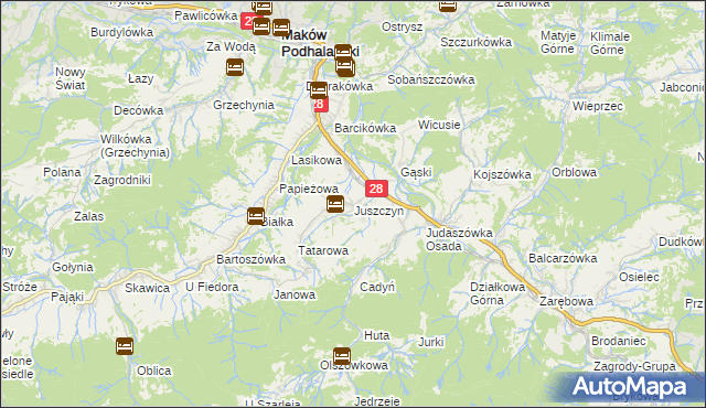 mapa Juszczyn gmina Maków Podhalański, Juszczyn gmina Maków Podhalański na mapie Targeo