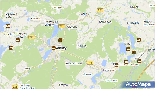 mapa Kaliska gmina Kartuzy, Kaliska gmina Kartuzy na mapie Targeo