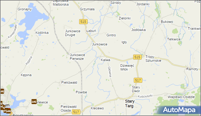 mapa Kalwa gmina Stary Targ, Kalwa gmina Stary Targ na mapie Targeo