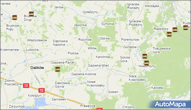 mapa Karolinów gmina Dalików, Karolinów gmina Dalików na mapie Targeo