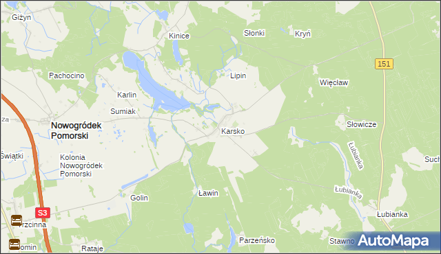 mapa Karsko gmina Nowogródek Pomorski, Karsko gmina Nowogródek Pomorski na mapie Targeo
