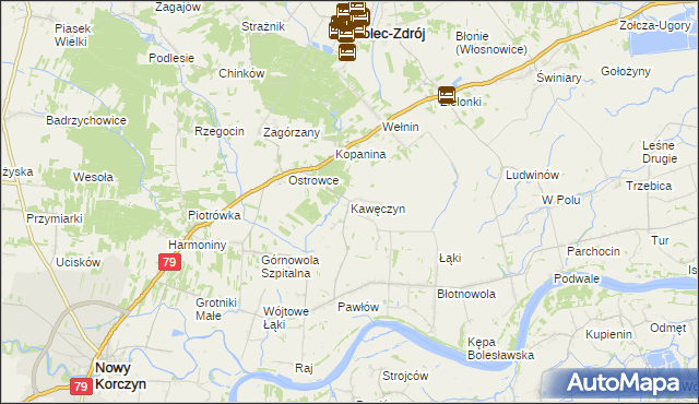 mapa Kawęczyn gmina Nowy Korczyn, Kawęczyn gmina Nowy Korczyn na mapie Targeo