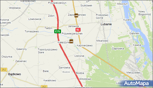 mapa Kaźmierzewo gmina Lubanie, Kaźmierzewo gmina Lubanie na mapie Targeo