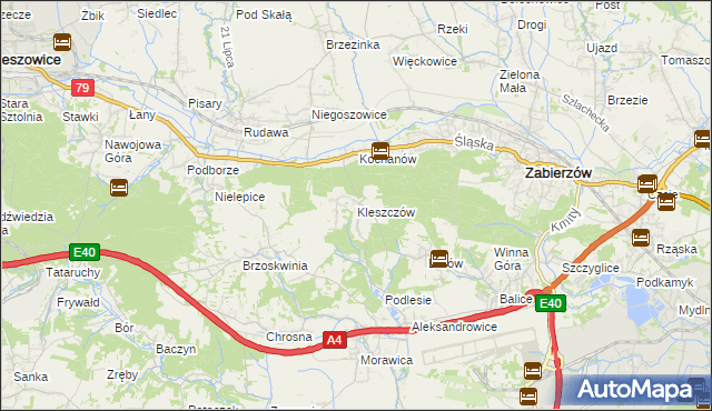 mapa Kleszczów gmina Zabierzów, Kleszczów gmina Zabierzów na mapie Targeo