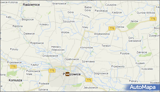 mapa Klimontów gmina Proszowice, Klimontów gmina Proszowice na mapie Targeo