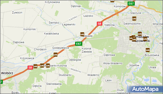 mapa Kolonia Zawada gmina Tomaszów Mazowiecki, Kolonia Zawada gmina Tomaszów Mazowiecki na mapie Targeo