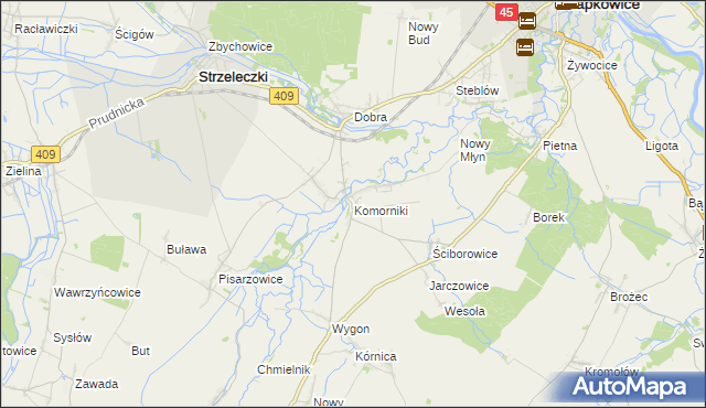 mapa Komorniki gmina Strzeleczki, Komorniki gmina Strzeleczki na mapie Targeo