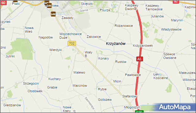 mapa Konary gmina Krzyżanów, Konary gmina Krzyżanów na mapie Targeo