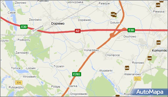 mapa Konarzewo gmina Dopiewo, Konarzewo gmina Dopiewo na mapie Targeo