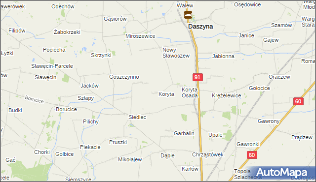 mapa Koryta gmina Daszyna, Koryta gmina Daszyna na mapie Targeo