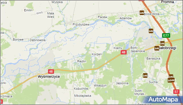 mapa Korzeń gmina Wyśmierzyce, Korzeń gmina Wyśmierzyce na mapie Targeo